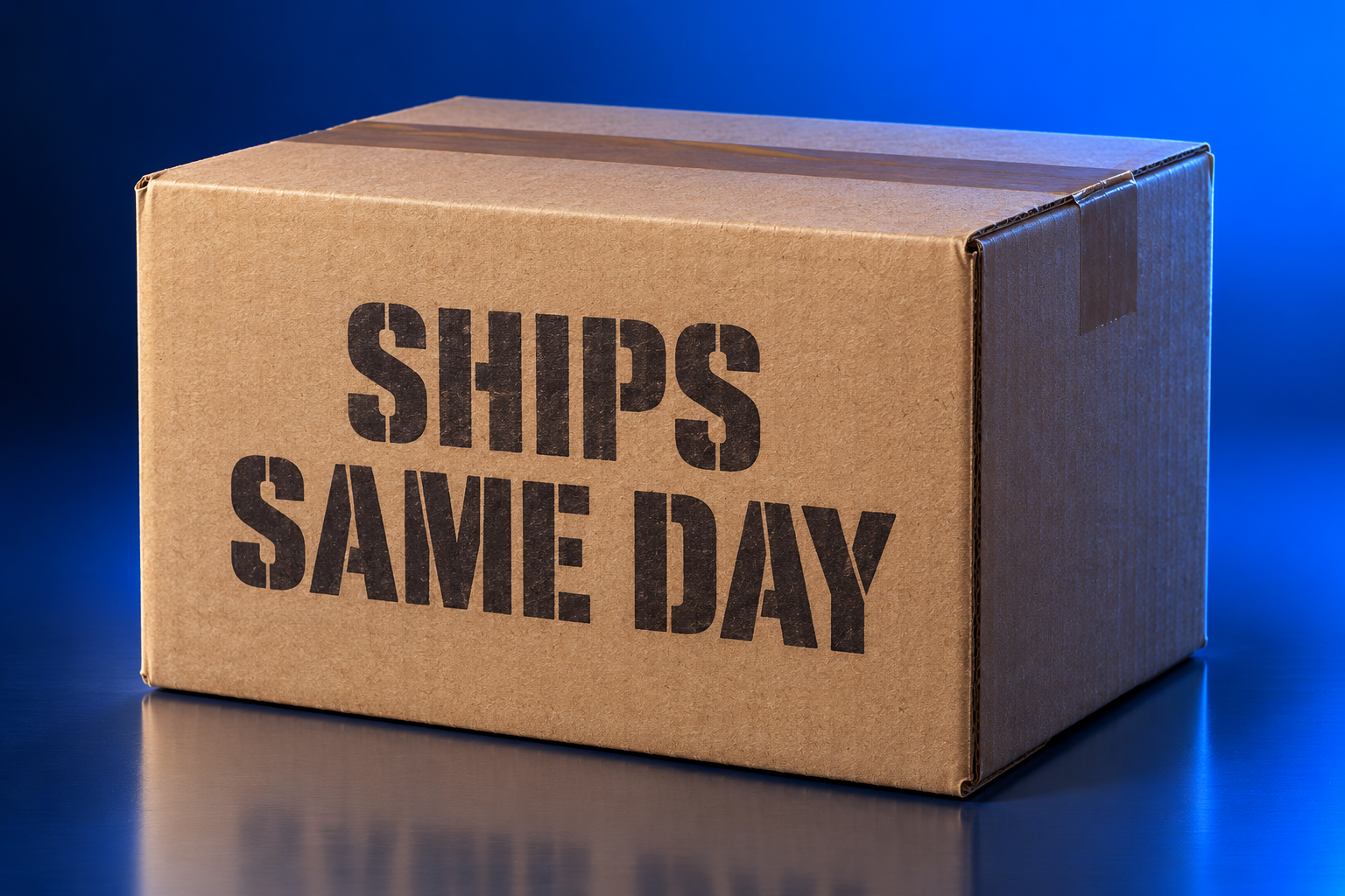 A sealed kraft shipping box stamped Ships Same Day on a blue backdrop